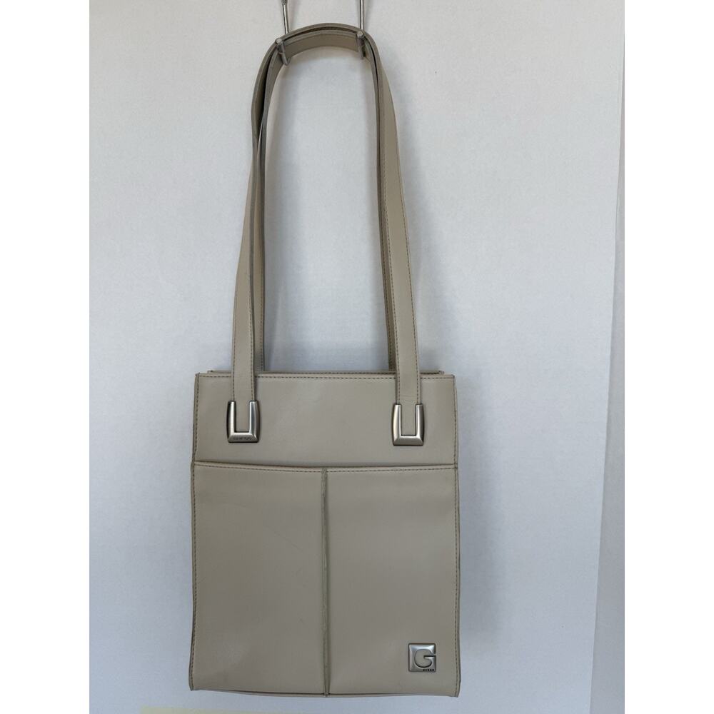 Rare GUESS Vintage Y2K Beige Faux Leather Shoulder Bag With Silver Hardware